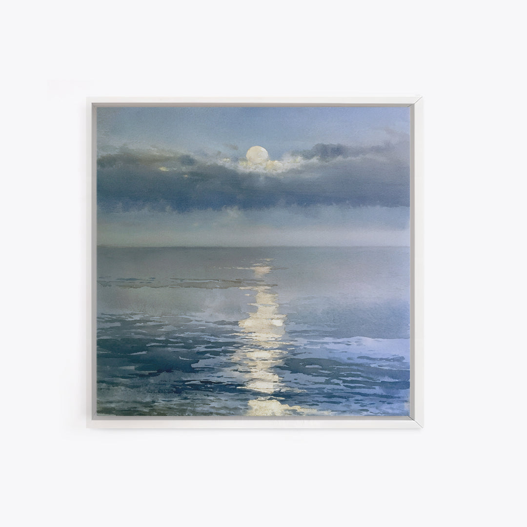 Moonlit Ocean with Silver Path of Light Framed Canvas Print, Seascape Art, Abstract Painting, Coastal Decor, Fine Art, Seascape, SEA-1x1-51