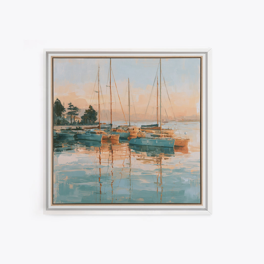 Mediterranean Harbor at Dawn Framed Canvas Print, Seascape Art, Living Room Wall Art, Coastal Decor, Fine Art, Seascape, SEA-1x1-70