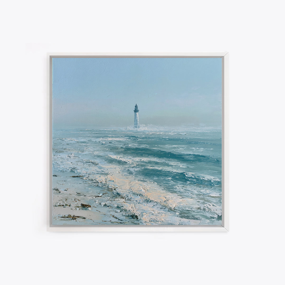 Dramatic Lighthouse in Distant Spray Framed Canvas Print, Seascape Art, Gallery Decor, Coastal Decor, Fine Art, Seascape, SEA-1x1-78