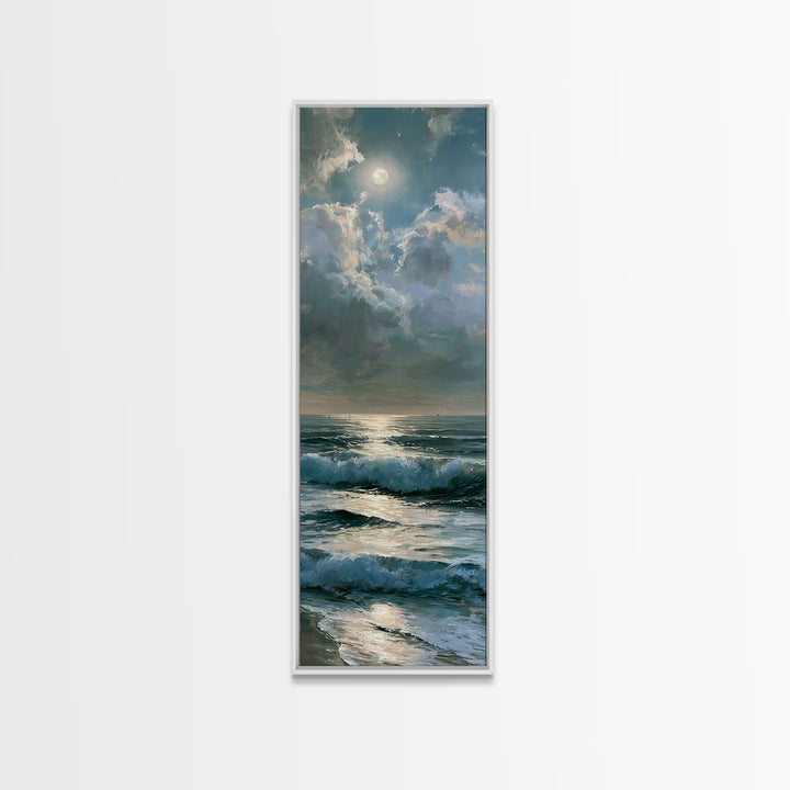 Moonlit Ocean with Silver Path of Light Framed Canvas Print, Seascape Art, Home Decor, Coastal Decor, Fine Art, Seascape, SEA-1x3-15
