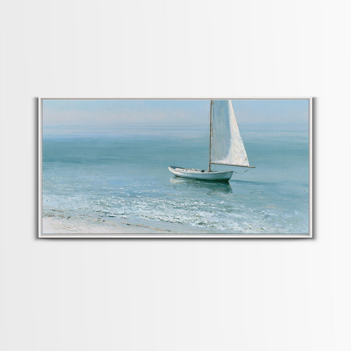 Quiet Sailboat on Glassy Water Framed Canvas Print, Seascape Art, Watercolor Painting, Coastal Decor, Fine Art, Seascape, SEA-2x1-100