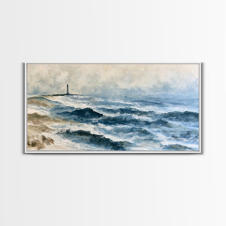 Dramatic Lighthouse in Distant Spray Canvas Print, Seascape Art, Boho Decor, Coastal Decor, Abstract Art, Seascape, SEA-2x1-26