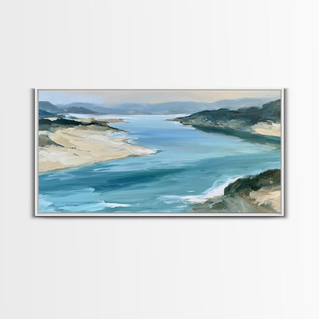Coastal Cove with Turquoise Water Framed Canvas Print, Seascape Art, Wall Art Print, Coastal Decor, Watercolor Art, Seascape, SEA-2x1-59
