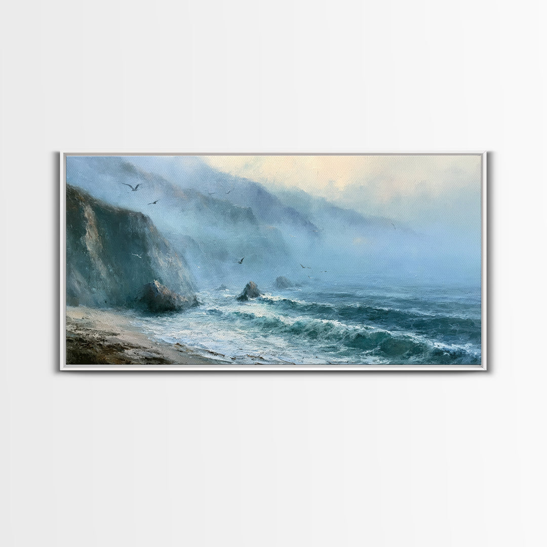 Misty Sea Cliffs Framed Canvas Print, Seascape Art, Abstract Art, Coastal Decor, Seascape, Nautical Decor, Coastal Wall Art, SEA-2x1-97