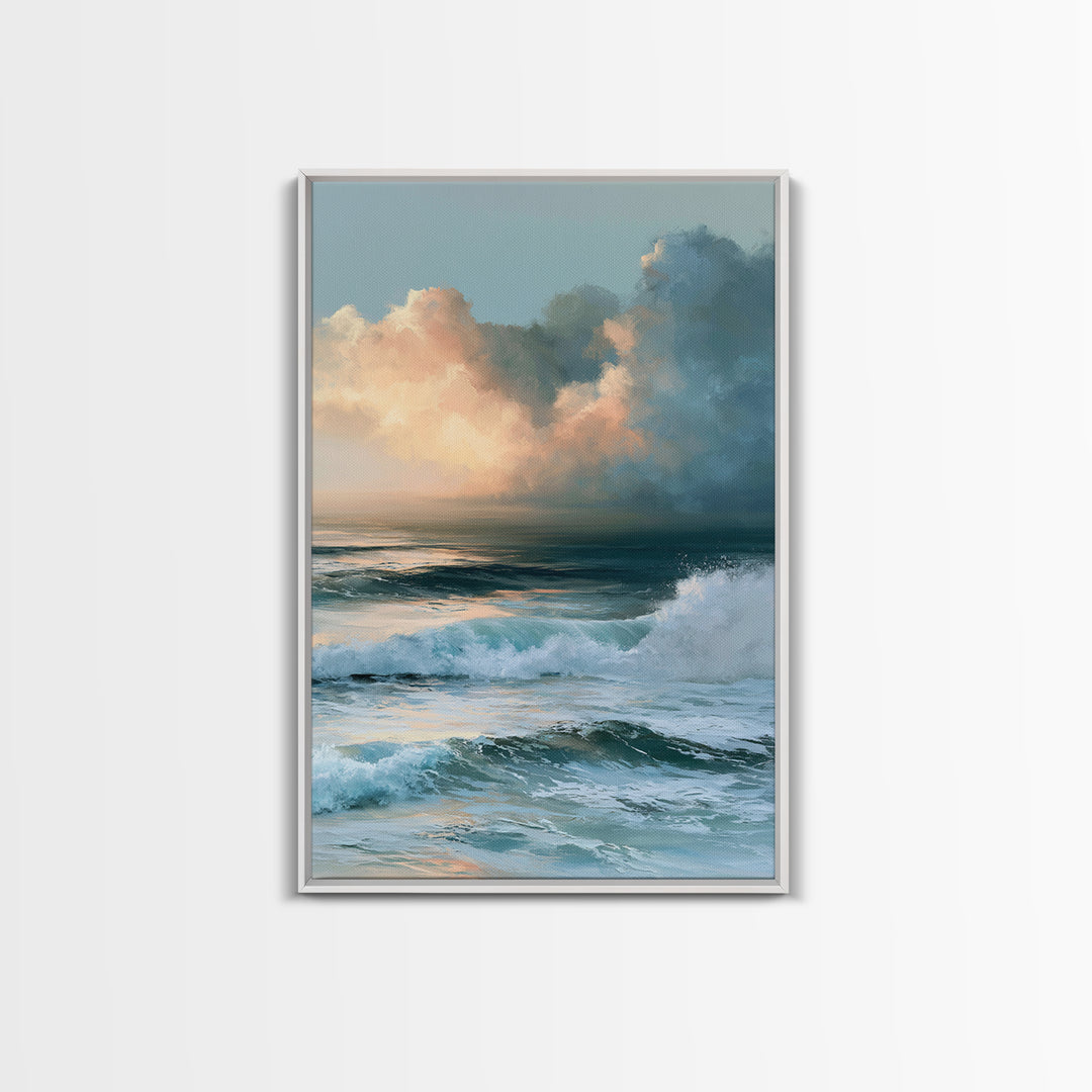 Whitecaps Rolling under Storm Light Framed Canvas Print, Seascape Art, Contemporary Art, Coastal Decor, Oil Painting, Seascape, SEA-2x3-21