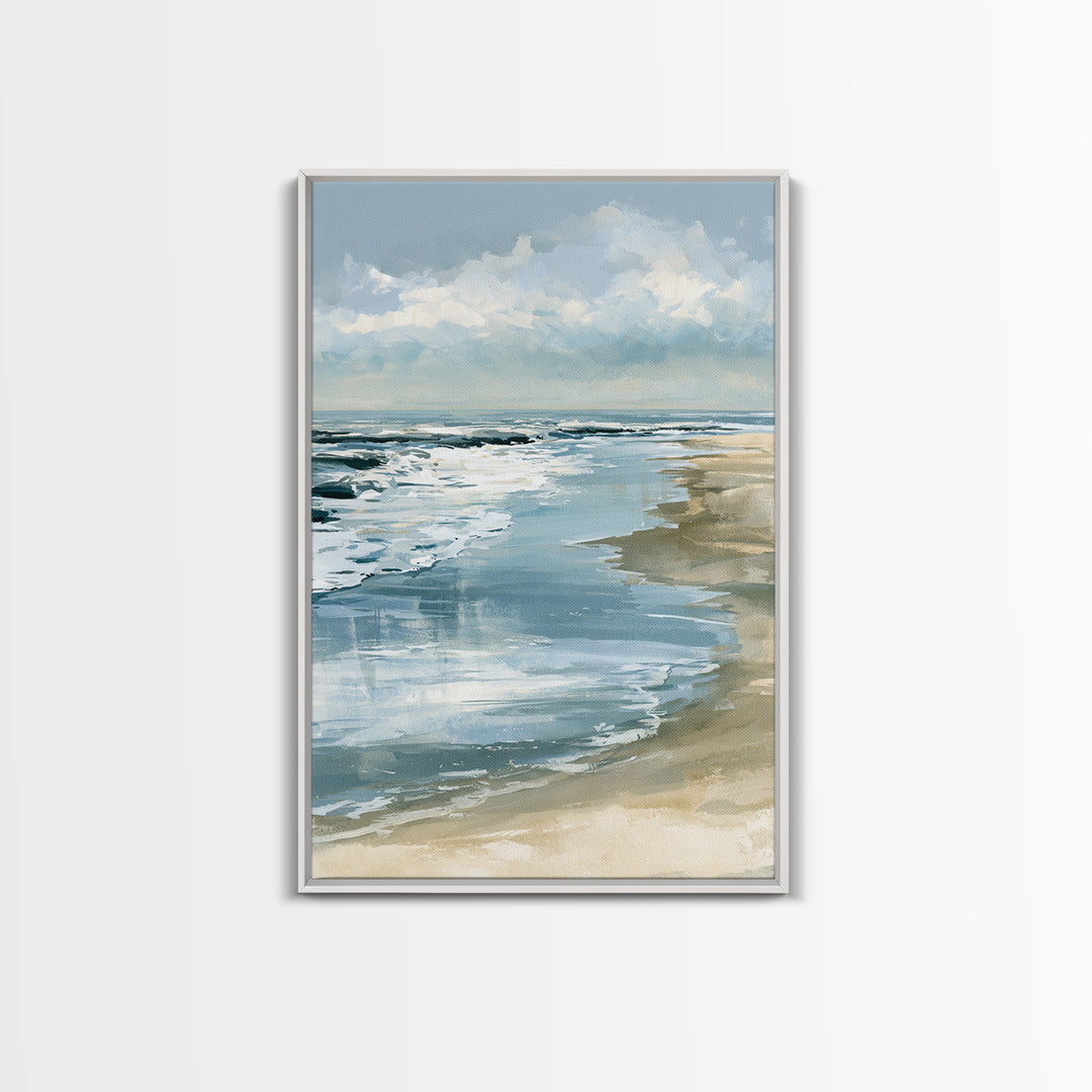 Golden Beach Tide at Low Water Framed Canvas Print, Seascape Art, Digital Prints, Coastal Decor, Watercolor Art, Seascape, SEA-2x3-98