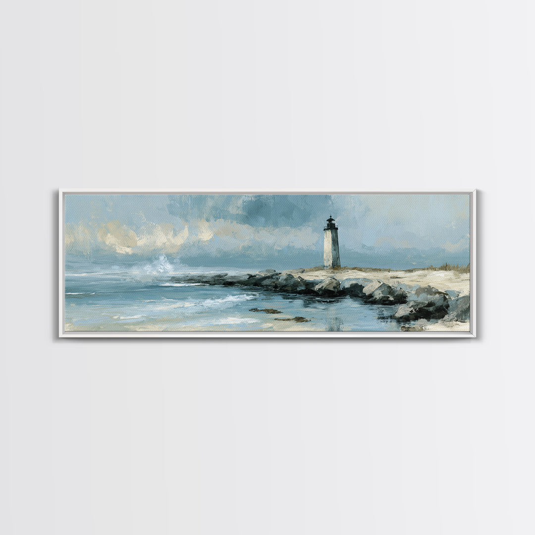 Dramatic Lighthouse in Distant Spray Canvas Print, Seascape Art, Digital Print, Coastal Decor, Seascape, Watercolor Art, SEA-3x1-46