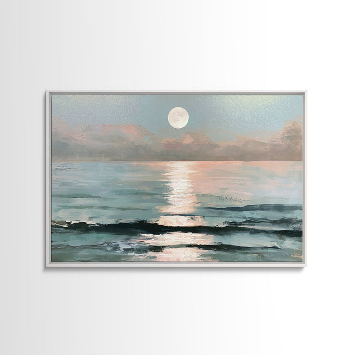 Moonlit Ocean with Silver Path of Light Framed Canvas Print, Seascape Art, Bedroom Wall Art, Coastal Decor, Watercolor Art, SEA-3x2-31