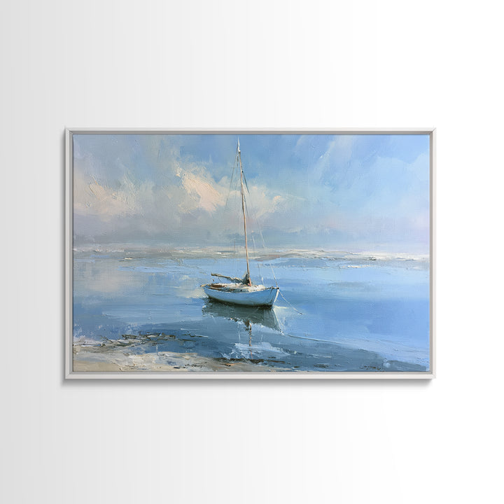 Quiet Sailboat on Glassy Water Framed Canvas Print, Seascape Art, Beach Decor, Coastal Decor, Seascape, Minimalist Decor, SEA-3x2-60