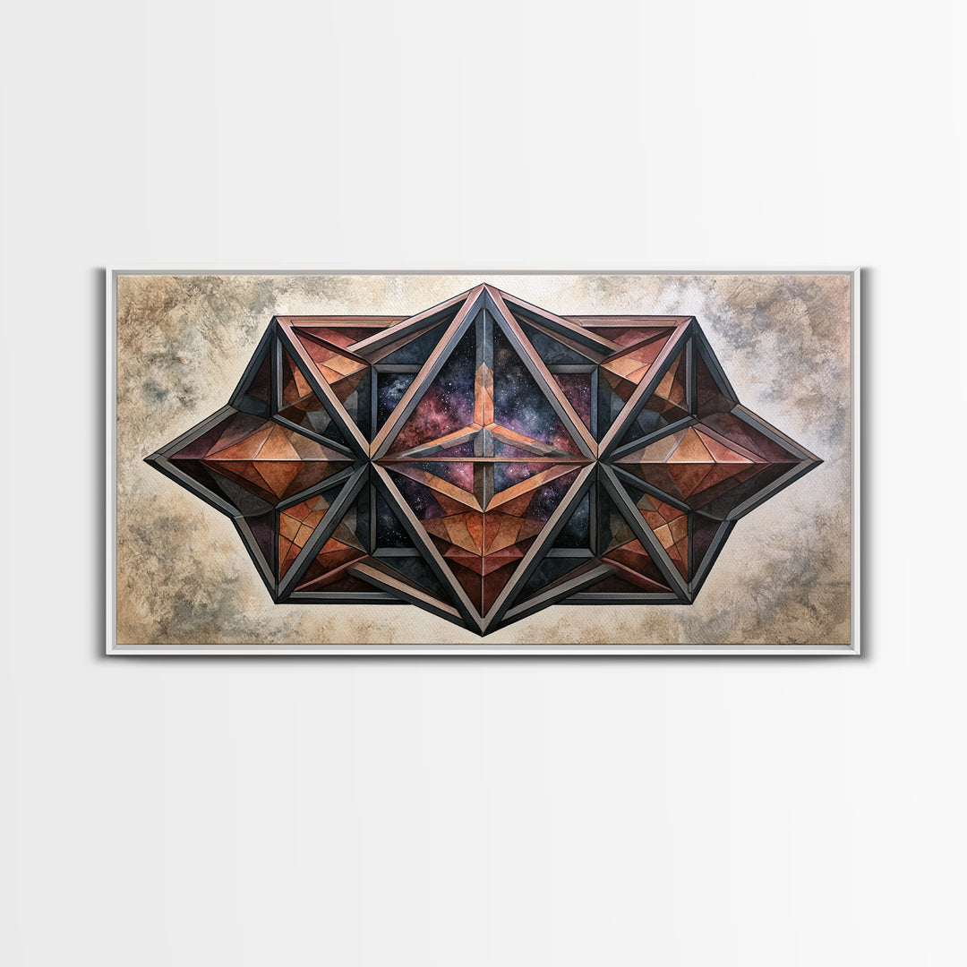 Star Tetrahedron with Watercolor Galaxy Wash Canvas Print, Sacred Geometry Art, Wabi Sabi Art, Living Room Decor, Geometry, SGA-2x1-100