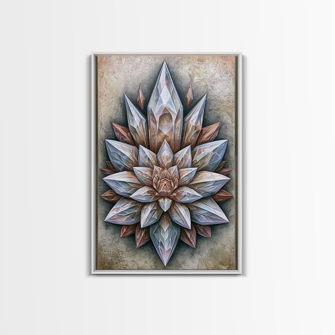 Crystal Lotus Arrangement Framed Canvas Print, Sacred Geometry Art, Boho Wall Decor, Living Room Decor, Fine Art, Geometry, SGA-2x3-28