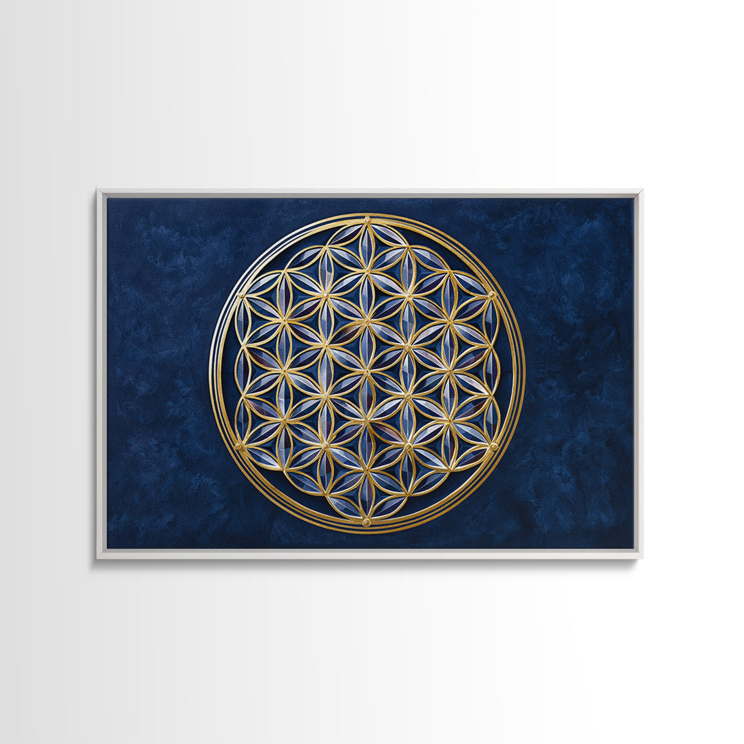 Flower of Life Pattern Framed Canvas Print, Sacred Geometry Art, Floral Prints, Living Room Decor, Oil Painting, Geometry, SGA-3x2-5