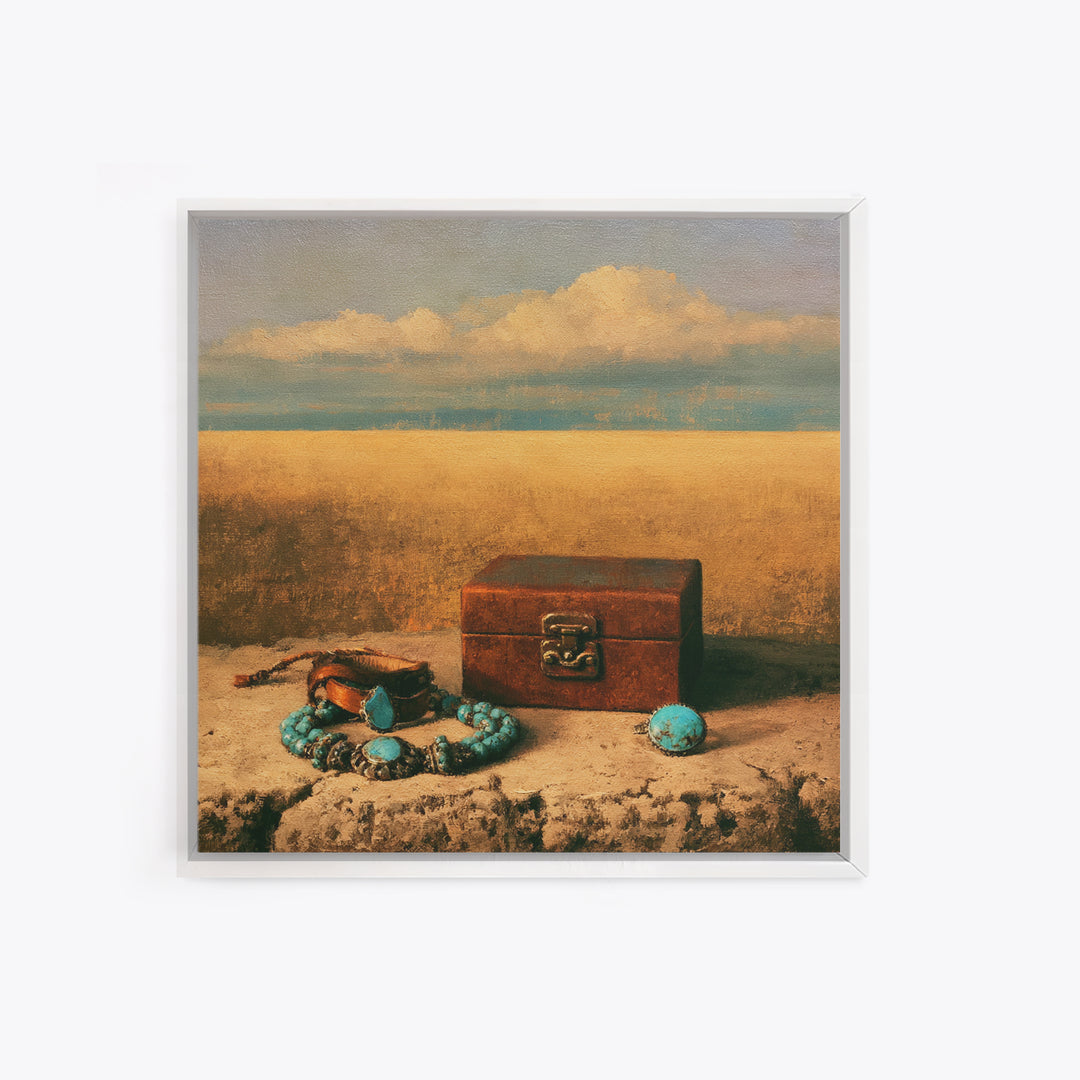 Turquoise Jewelry and Leather Still Life Framed Canvas Print, Southwestern Art, Boho Wall Art, Southwestern Decor, Mesa, SOU-1x1-11