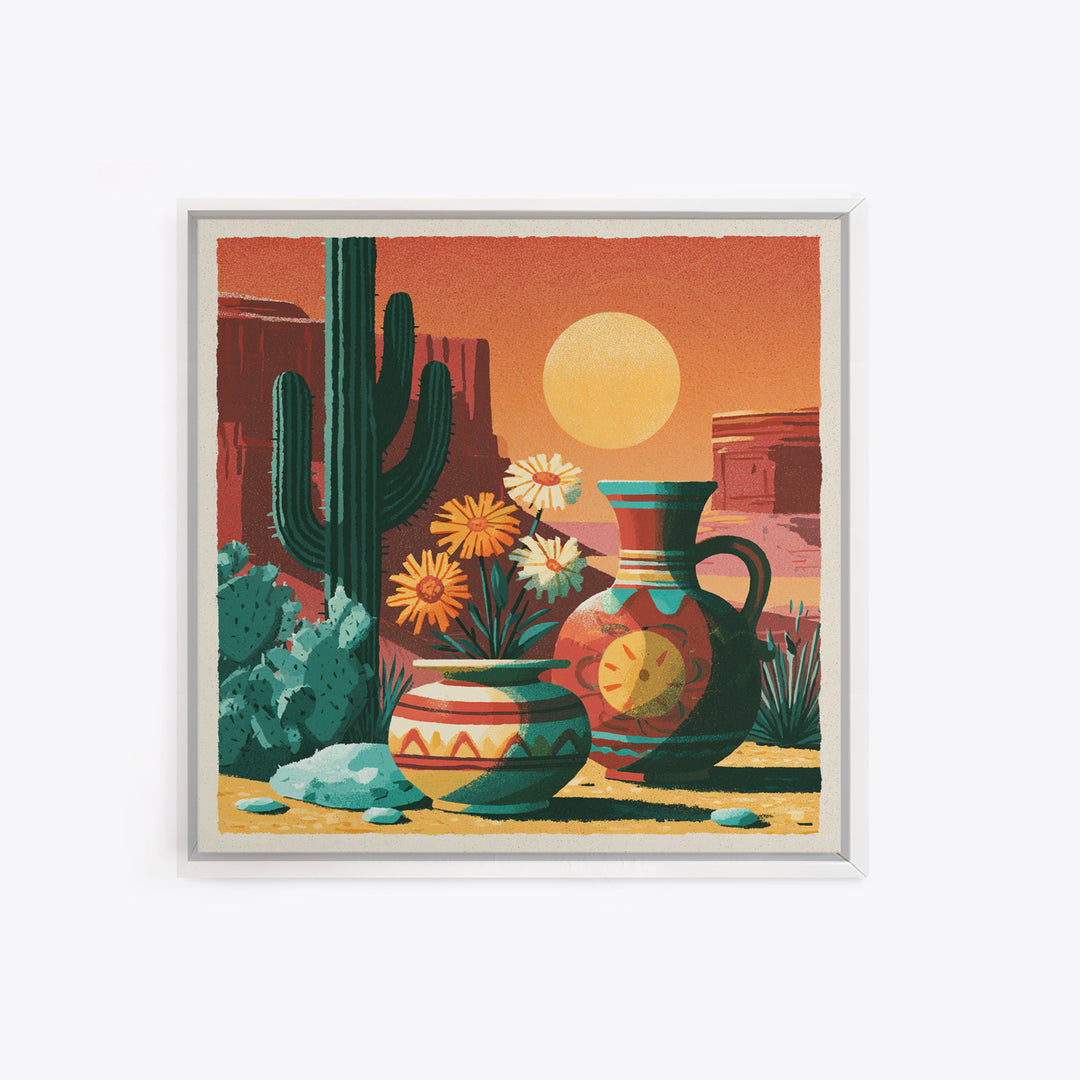 Painted Pottery and Desert Wildflowers Framed Canvas Print, Southwestern Art, Boho Decor, Southwestern Decor, Fine Art, Mesa, SOU-1x1-16