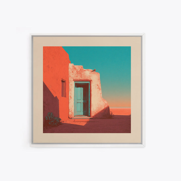 Adobe Doorway with Turquoise Blue Shadow Framed Canvas Print, Southwestern Art, Textured Painting, Southwestern Decor, Mesa, SOU-1x1-29