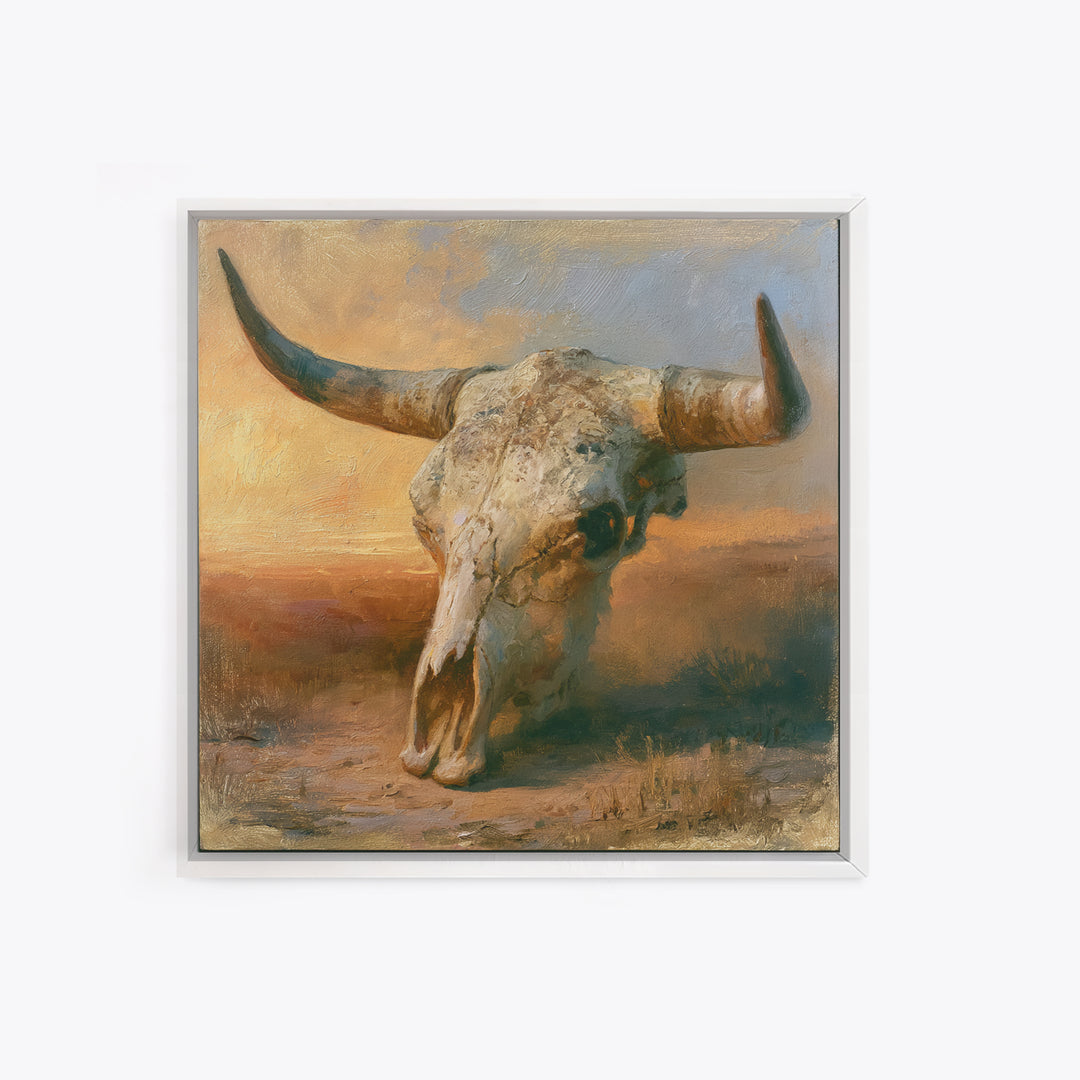 Sun Bleached Longhorn Skull Still Life Framed Canvas Print, Southwestern Art, Southwestern Decor, Abstract Art, Mesa, SOU-1x1-33