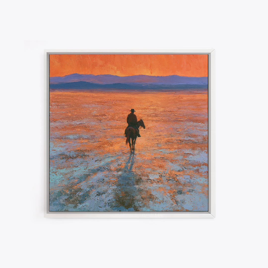 Horse Rider Crossing Desert at Dusk Framed Canvas Print, Southwestern Art, Farmhouse Wall Art, Southwestern Decor, Mesa, SOU-1x1-43