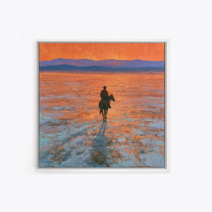 Horse Rider Crossing Desert at Dusk Framed Canvas Print, Southwestern Art, Farmhouse Wall Art, Southwestern Decor, Mesa, SOU-1x1-43