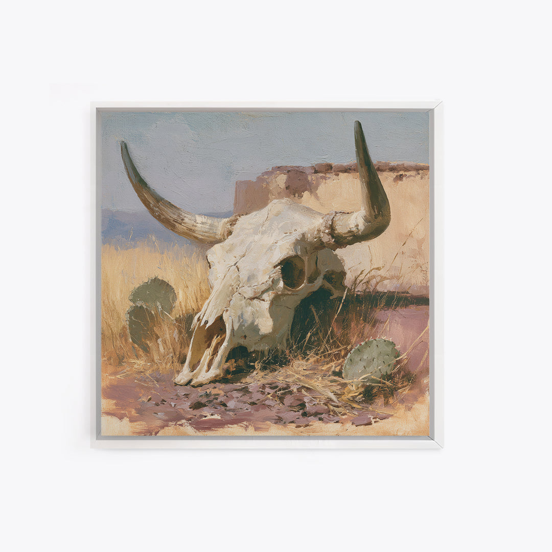 Sun Bleached Longhorn Skull Still Life Framed Canvas Print, Southwestern Art, Southwestern Decor, Abstract Art, Mesa, SOU-1x1-57