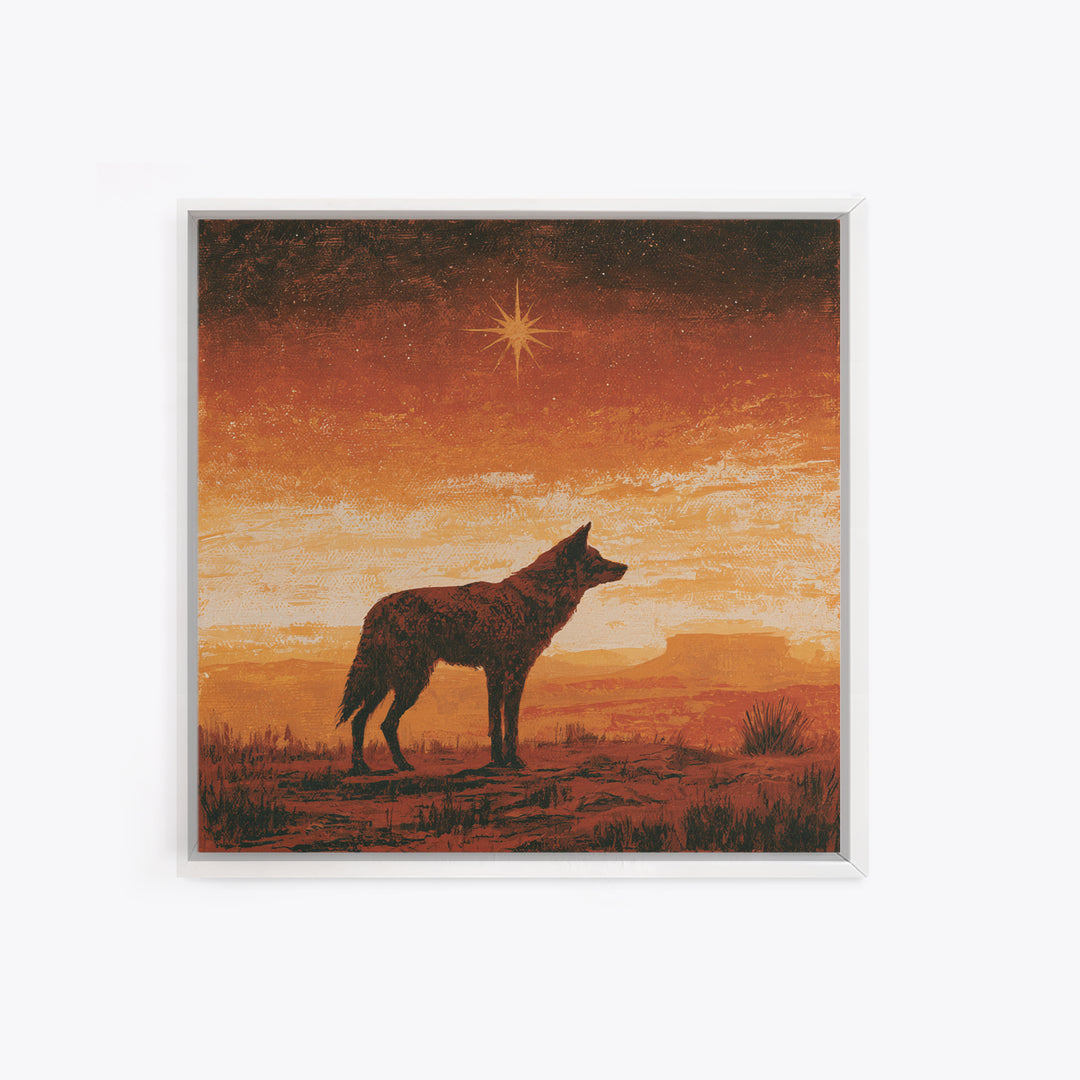 Coyote Silhouette Beneath Starry Sky Framed Canvas Print, Southwestern Art, Neutral Decor, Southwestern Decor, Fine Art, Mesa, SOU-1x1-63