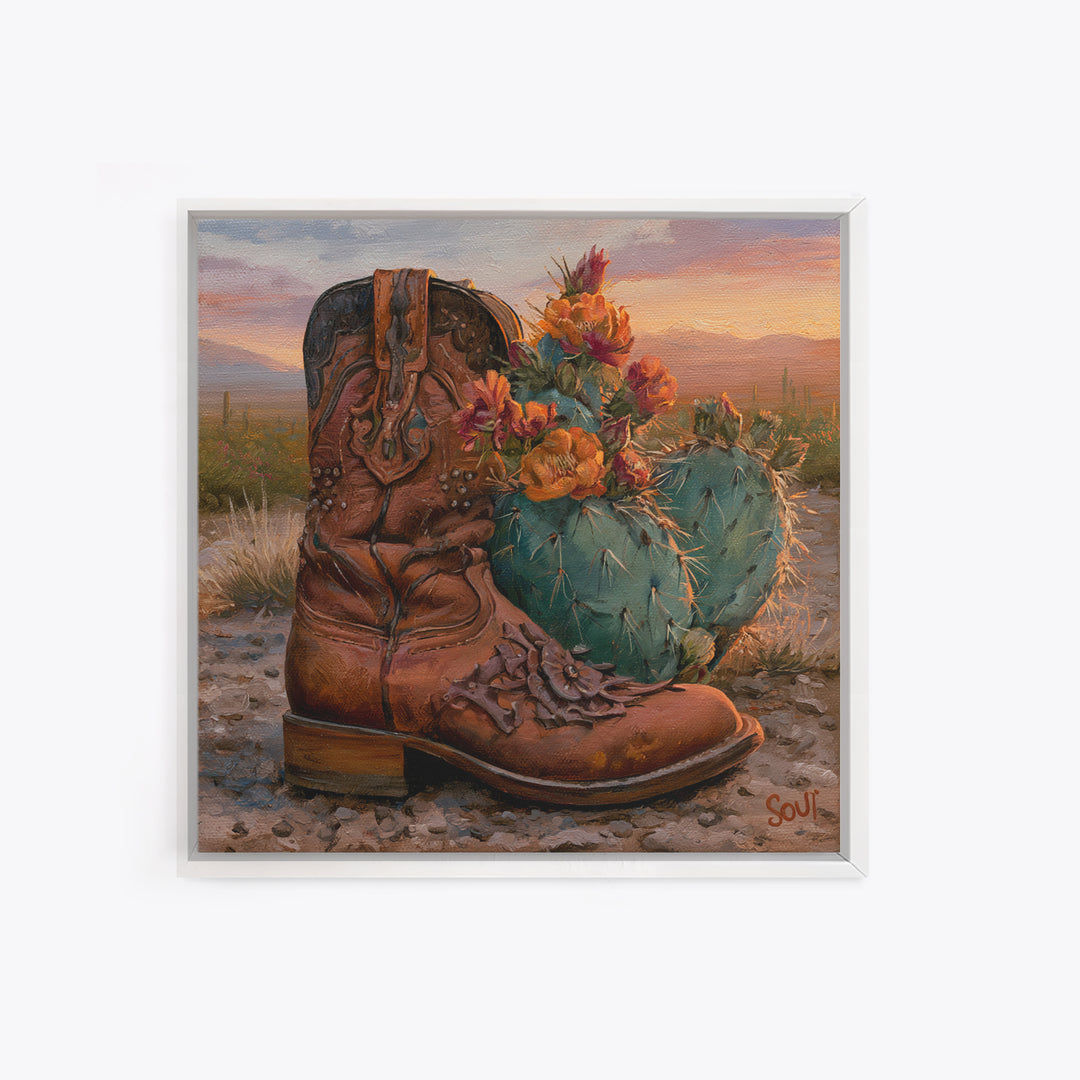 Western Boot with Cactus Blossoms Framed Canvas Print, Southwestern Art, Luxury Decor, Southwestern Decor, Fine Art, Mesa, SOU-1x1-65