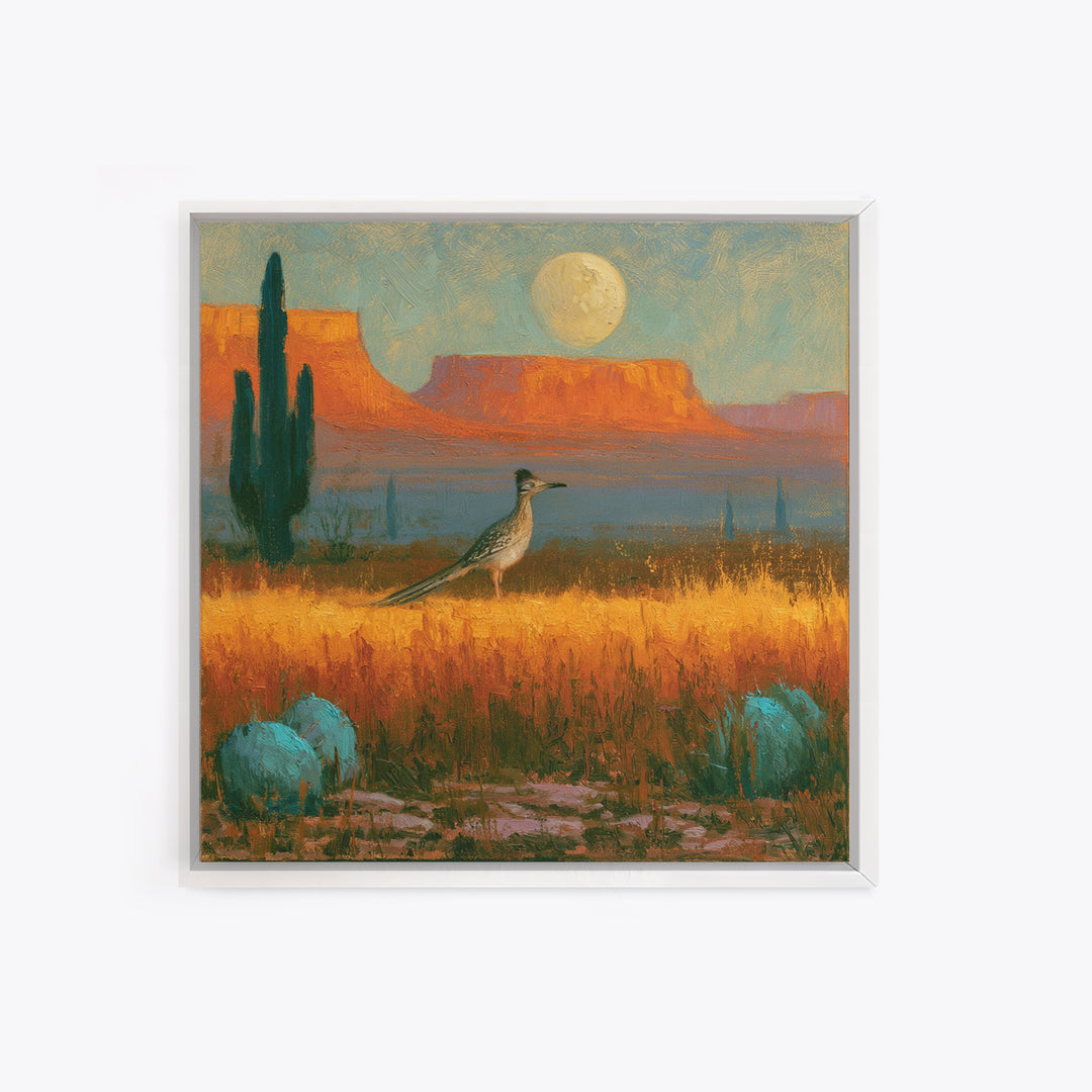 Roadrunner under a Pale Desert Moon Framed Canvas Print, Southwestern Art, Digital Wall Art, Southwestern Decor, Oil Painting, SOU-1x1-8