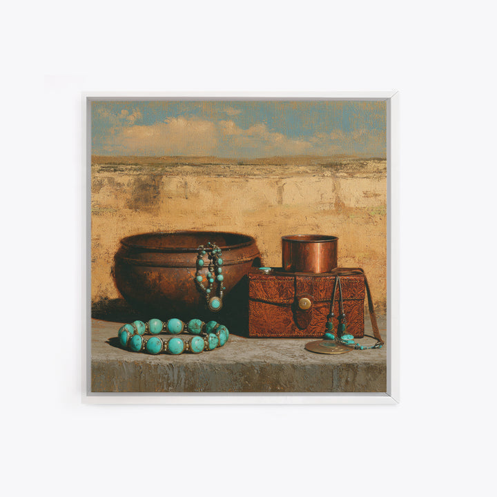 Turquoise Jewelry and Leather Still Life Framed Canvas Print, Southwestern Art, Luxury Decor, Southwestern Decor, Mesa, SOU-1x1-83