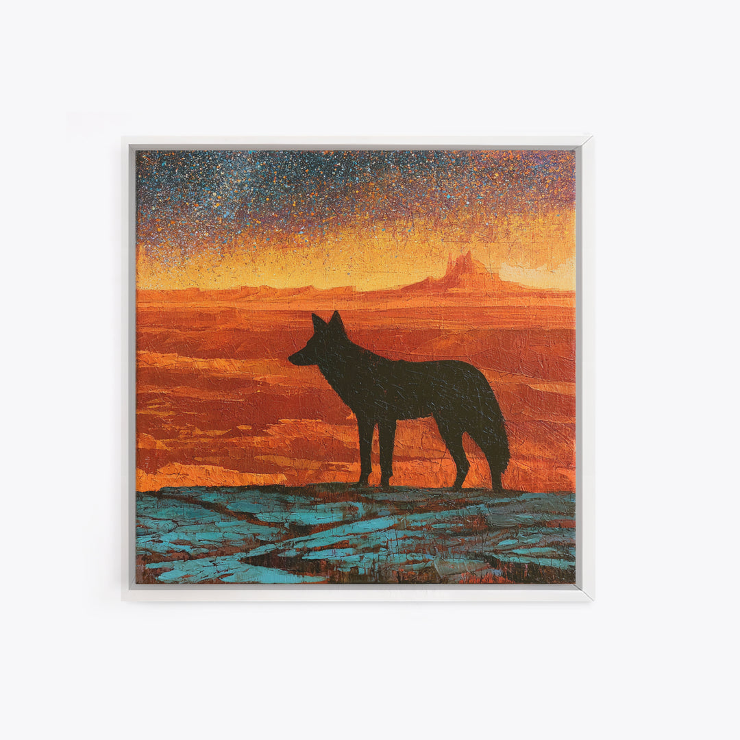 Coyote Silhouette Beneath Starry Sky Canvas Print, Southwestern Art, Art Print, Southwestern Decor, Watercolor Art, Mesa, SOU-1x1-87