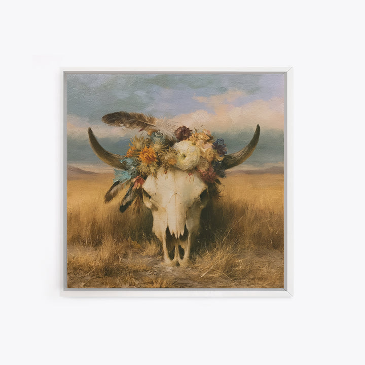 Cow Skull with Desert Flowers and Feathers Canvas Print, Southwestern Art, Wall Decor, Southwestern Decor, Oil Painting, Mesa, SOU-1x1-99
