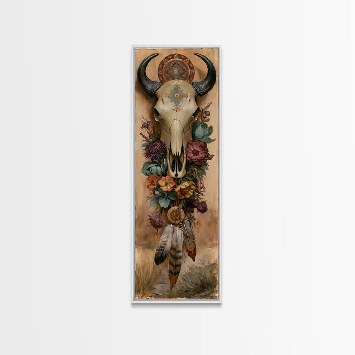 Cow Skull with Desert Flowers and Feathers Framed Canvas Print, Southwestern Art, Printable Art, Southwestern Decor, Mesa, SOU-1x3-15