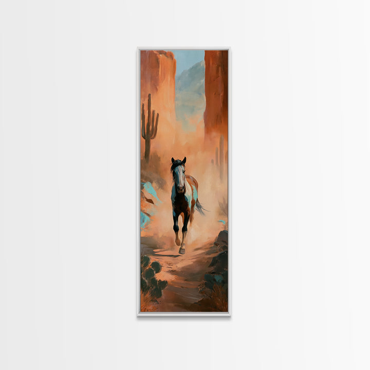 Wild Mustang Running Through Dusty Canyon Canvas Print, Southwestern Art, Neutral Decor, Southwestern Decor, Oil Painting, Mesa, SOU-1x3-18