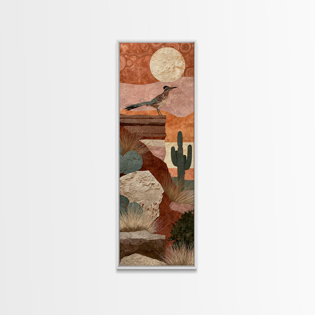 Roadrunner under a Pale Desert Moon Framed Canvas Print, Southwestern Art, Art, Southwestern Decor, Mesa, Boho Wall Decor, SOU-1x3-20