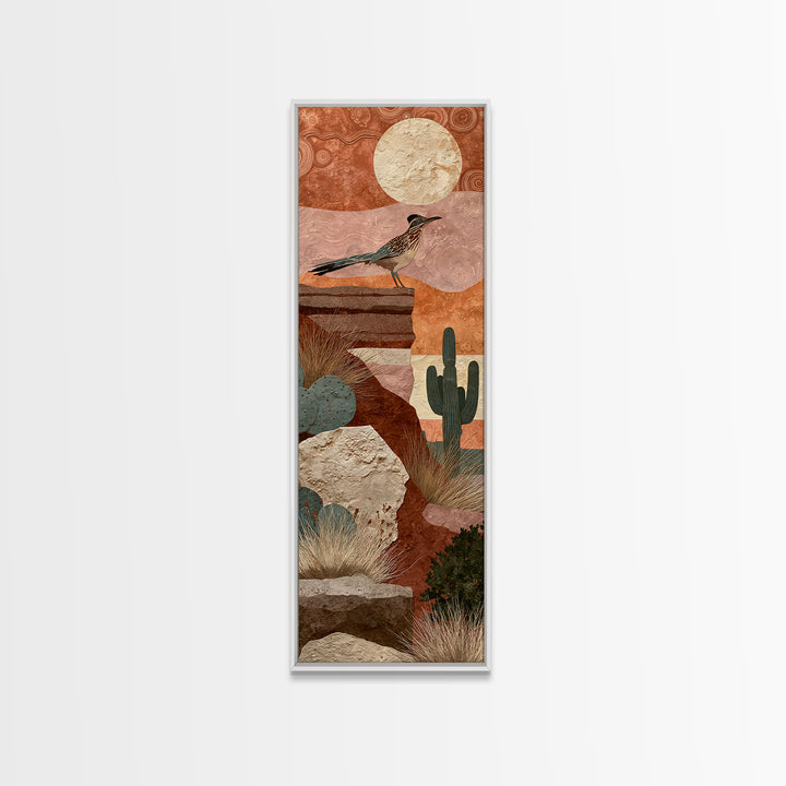 Roadrunner under a Pale Desert Moon Framed Canvas Print, Southwestern Art, Art, Southwestern Decor, Mesa, Boho Wall Decor, SOU-1x3-20