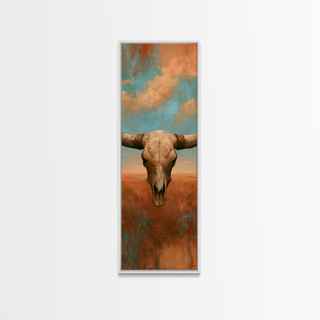 Sun Bleached Longhorn Skull Still Life Framed Canvas Print, Southwestern Art, Wall Art, Southwestern Decor, Oil Painting, Mesa, SOU-1x3-69