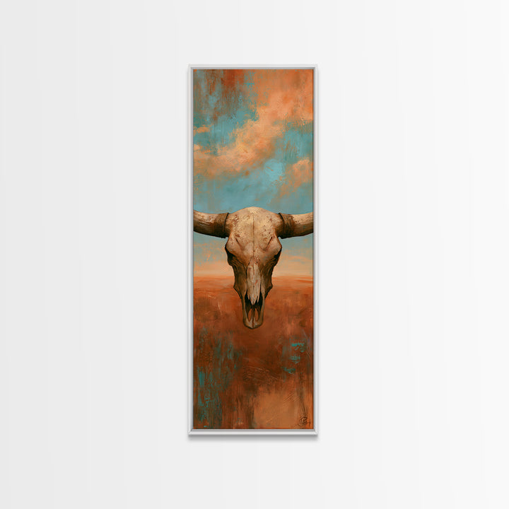 Sun Bleached Longhorn Skull Still Life Framed Canvas Print, Southwestern Art, Wall Art, Southwestern Decor, Oil Painting, Mesa, SOU-1x3-69
