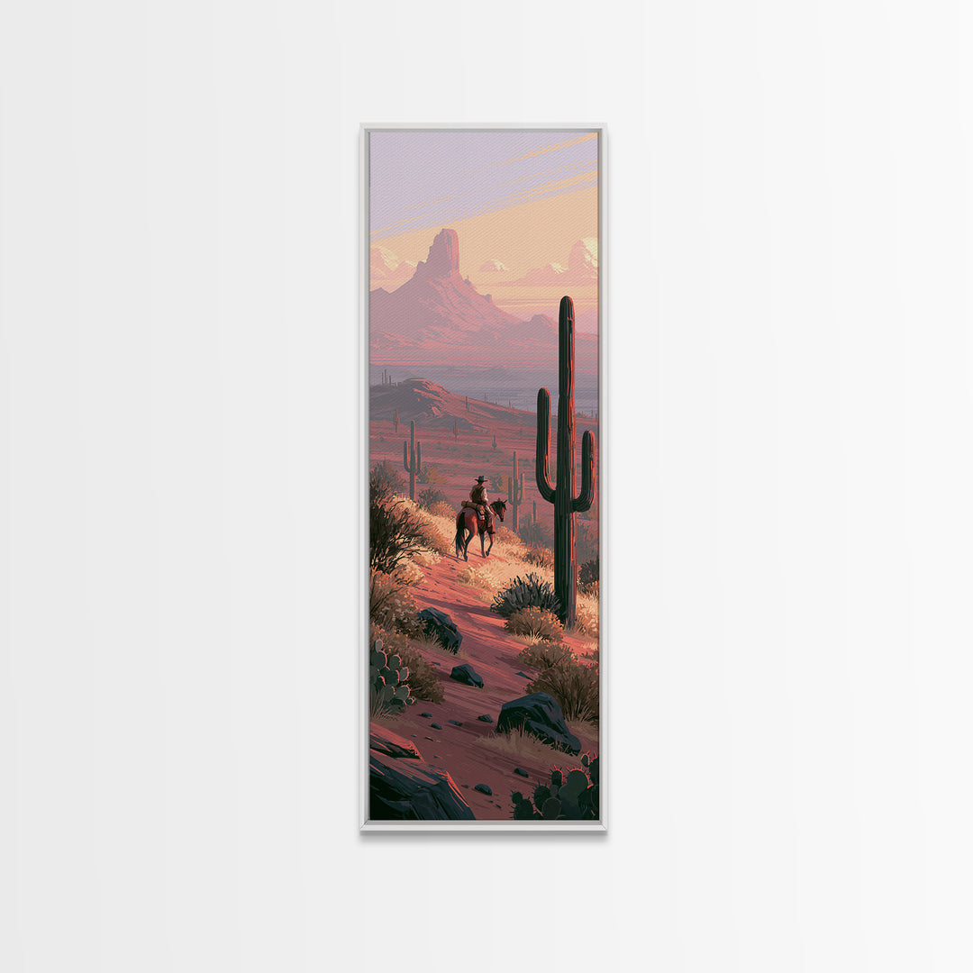 Horse Rider Crossing Desert at Dusk Framed Canvas Print, Southwestern Art, Western Art, Southwestern Decor, Oil Painting, Mesa, SOU-1x3-79