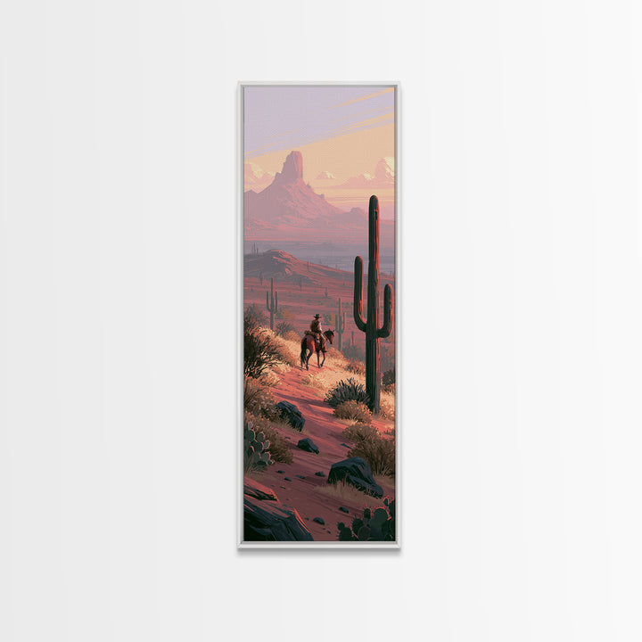Horse Rider Crossing Desert at Dusk Framed Canvas Print, Southwestern Art, Western Art, Southwestern Decor, Oil Painting, Mesa, SOU-1x3-79
