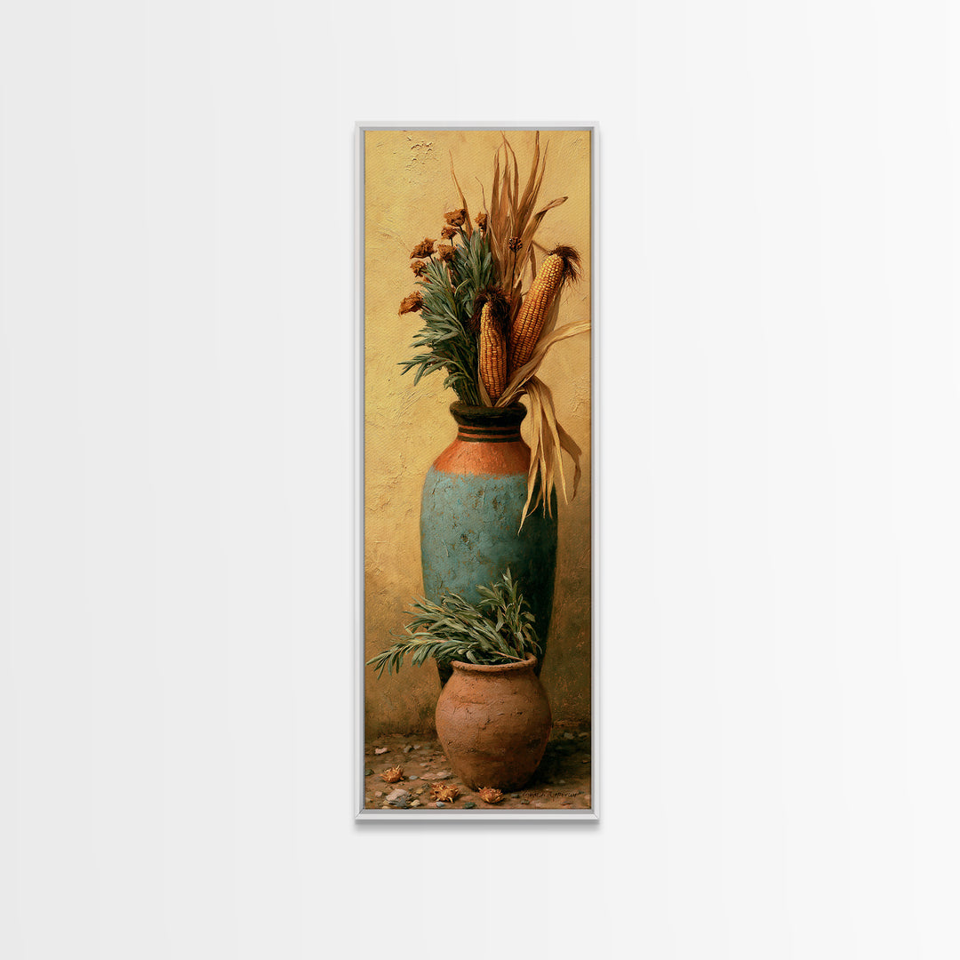 Pueblo Pottery Still Life Framed Canvas Print, Southwestern Art, Antique Oil Painting, Southwestern Decor, Fine Art, Mesa, SOU-1x3-83