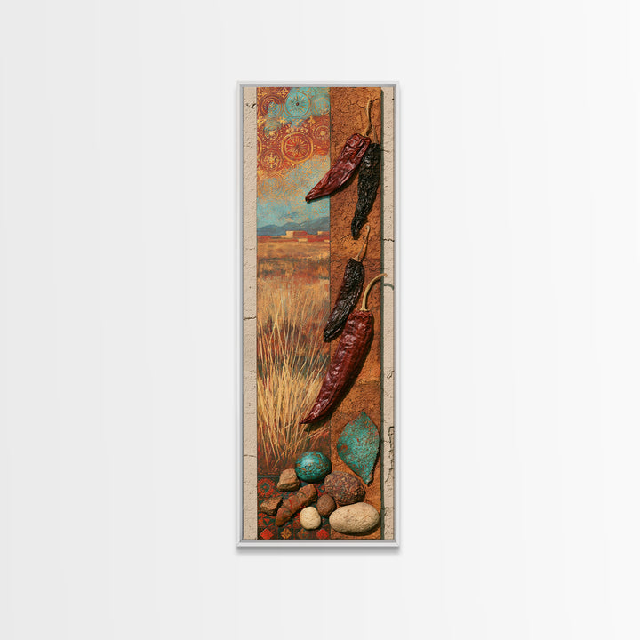 Dried Chili Peppers and Adobe Texture Framed Canvas Print, Southwestern Art, Tapestry Wall Art, Southwestern Decor, Mesa, SOU-1x3-84