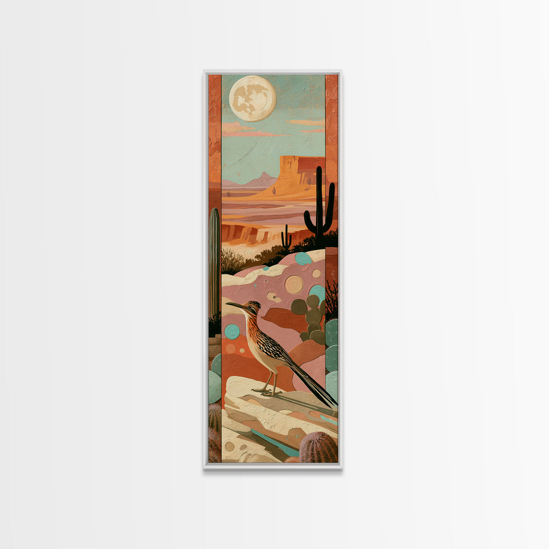 Roadrunner under a Pale Desert Moon Framed Canvas Print, Southwestern Art, Mexican Folk Art, Southwestern Decor, Watercolor Art, SOU-1x3-92