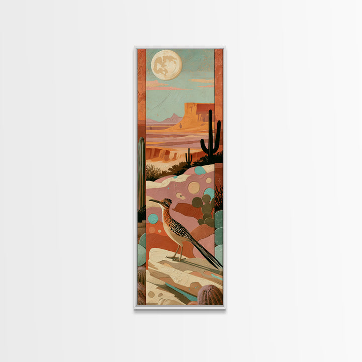 Roadrunner under a Pale Desert Moon Framed Canvas Print, Southwestern Art, Mexican Folk Art, Southwestern Decor, Watercolor Art, SOU-1x3-92