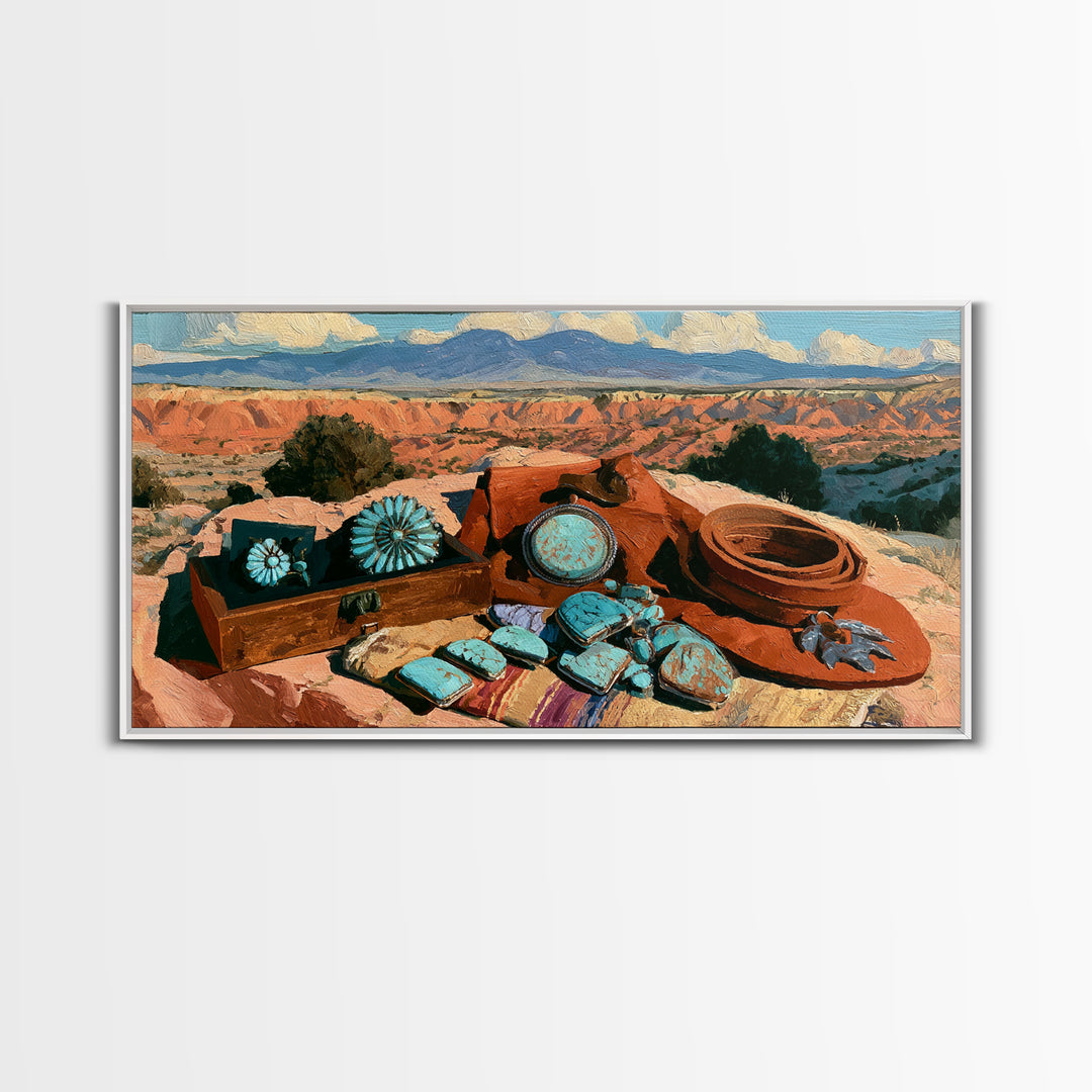 Turquoise Jewelry and Leather Still Life Canvas Print, Southwestern Art, Prints Wall Art, Southwestern Decor, Fine Art, Mesa, SOU-2x1-31