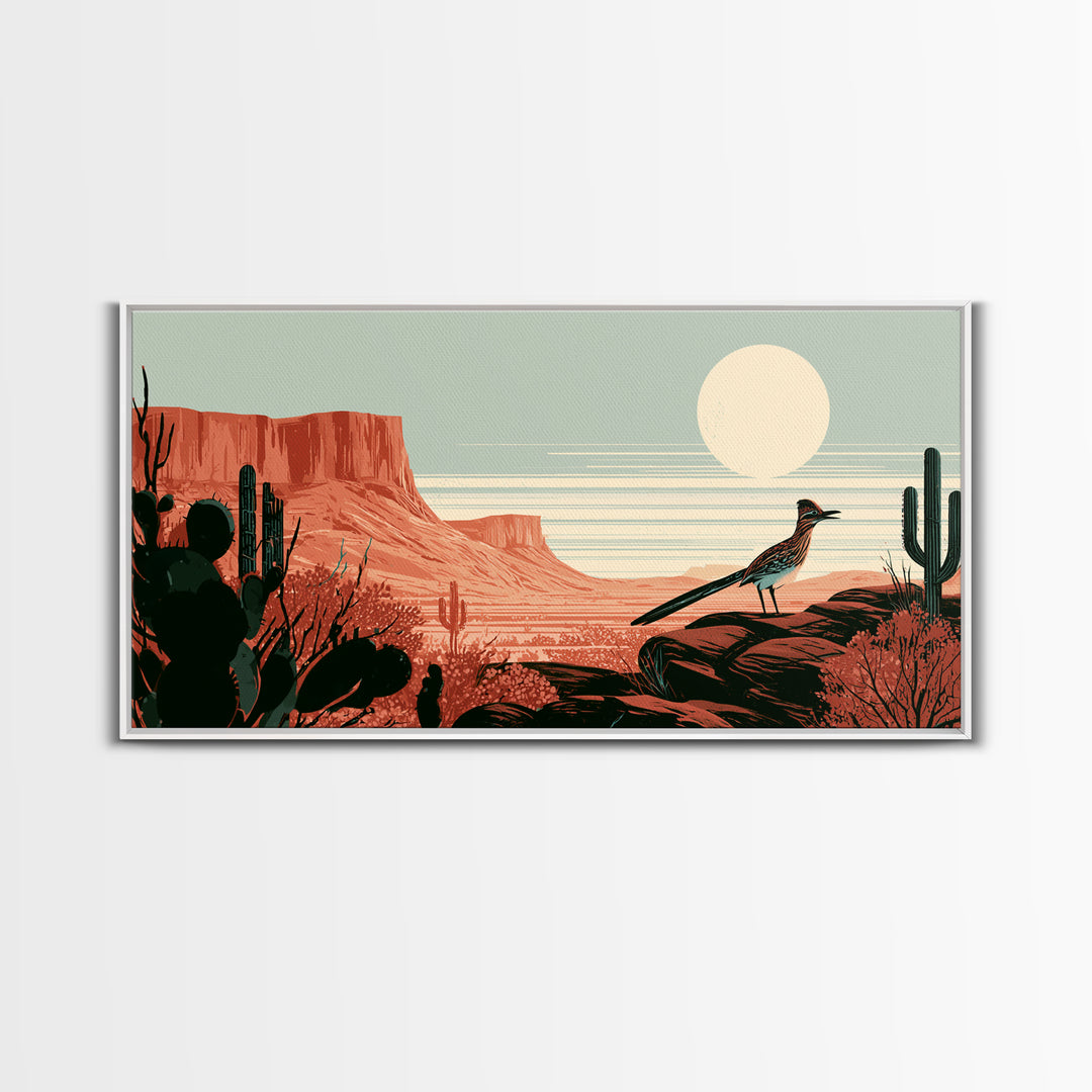 Roadrunner under a Pale Desert Moon Canvas Print, Southwestern Art, Luxury Decor, Southwestern Decor, Oil Painting, Mesa, SOU-2x1-4