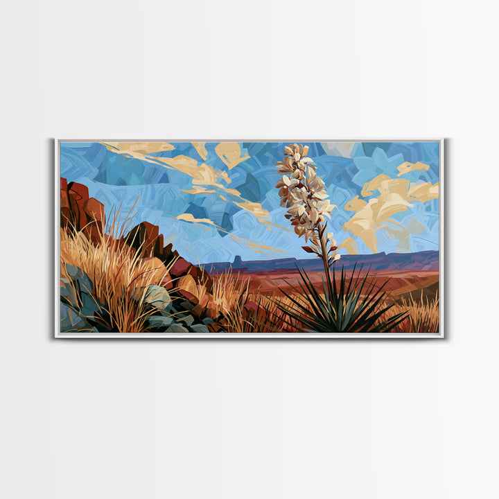 Yucca Blooms Against Clear Blue Sky Framed Canvas Print, Southwestern Art, Art, Southwestern Decor, Mesa, Boho Wall Decor, SOU-2x1-40