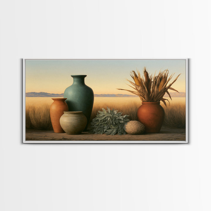 Pueblo Pottery Still Life Framed Canvas Print, Southwestern Art, Gallery Decor, Southwestern Decor, Fine Art, Mesa, Wall Art, SOU-2x1-67