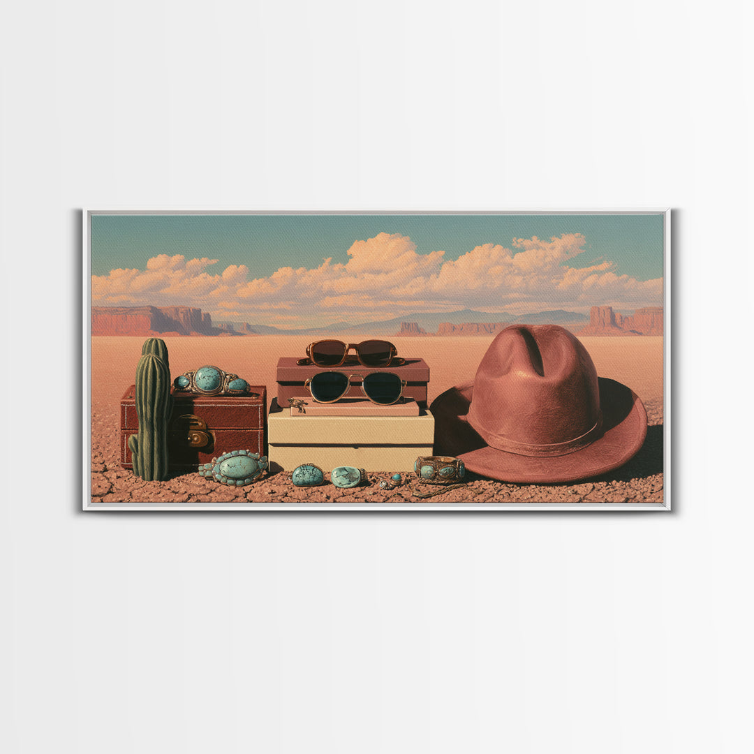 Turquoise Jewelry and Leather Still Life Framed Canvas Print, Southwestern Art, Printable Wall Art, Southwestern Decor, Mesa, SOU-2x1-7