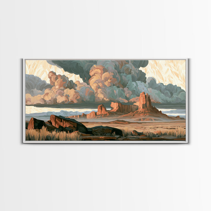 Desert Storm Clouds Framed Canvas Print, Southwestern Art, Tapestry Wall Art, Southwestern Decor, Oil Painting, Mesa, SOU-2x1-80