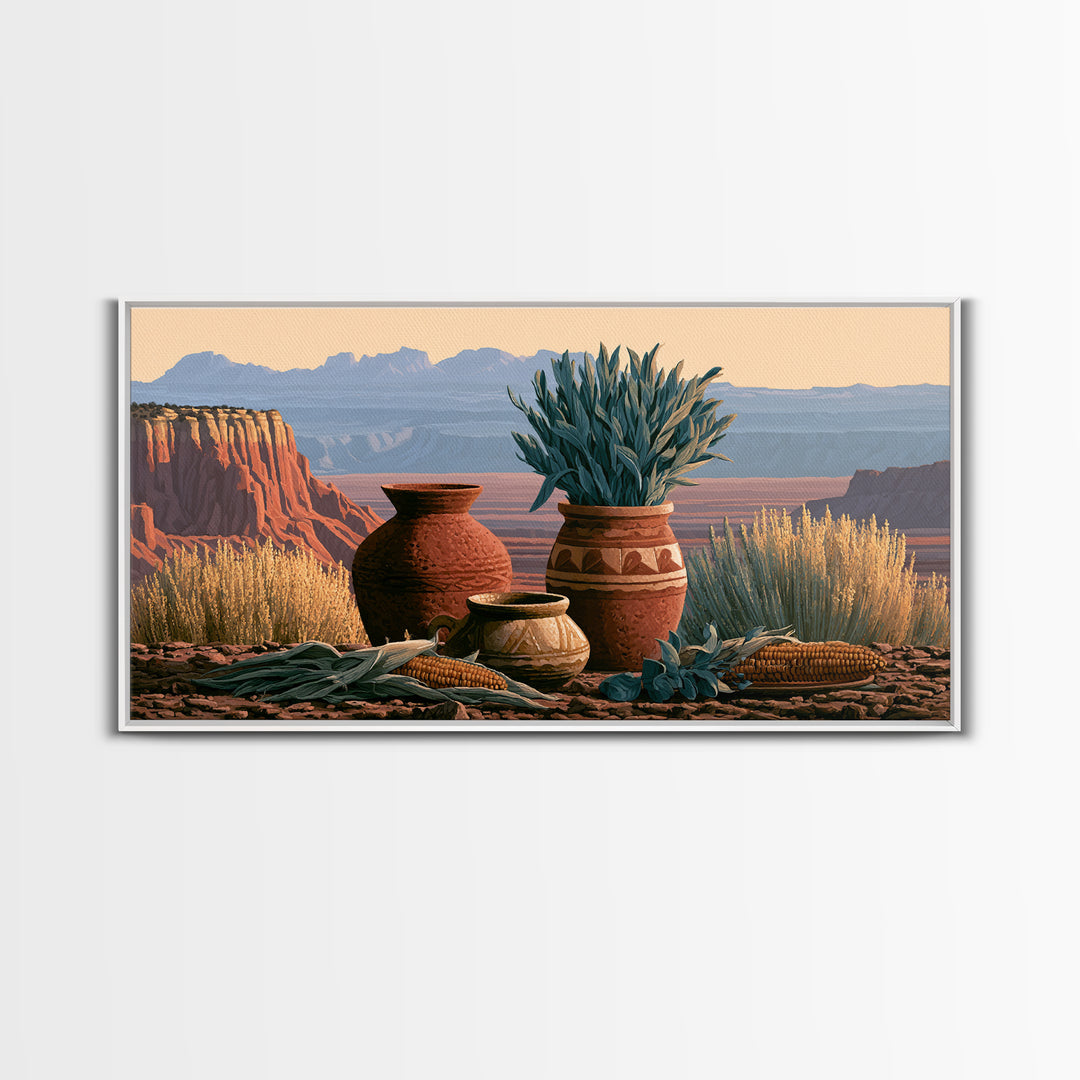 Pueblo Pottery Still Life Framed Canvas Print, Southwestern Art, Prints Wall Art, Southwestern Decor, Fine Art, Mesa, SOU-2x1-91