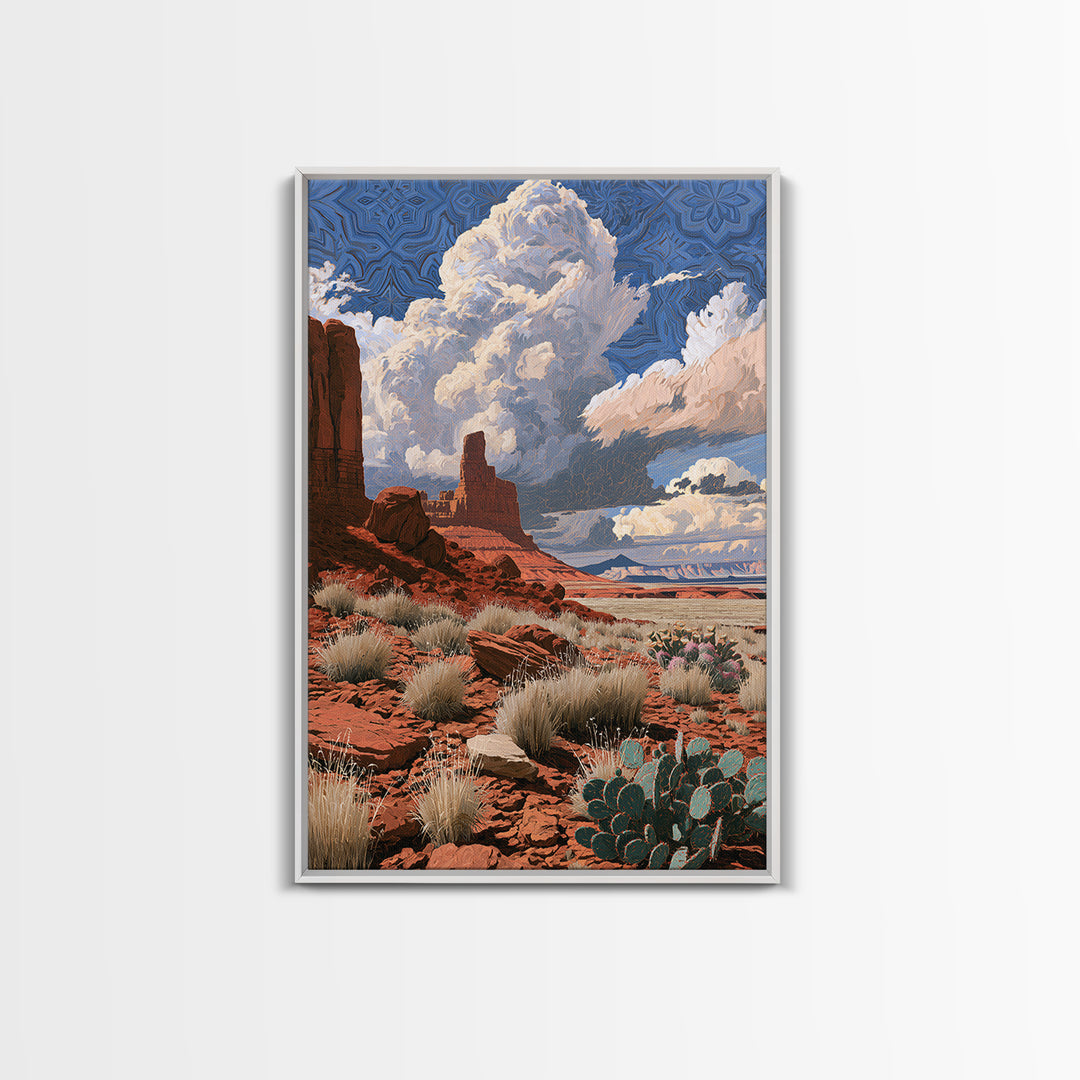 Desert Storm Clouds Framed Canvas Print, Southwestern Art, Boho Wall Decor, Southwestern Decor, Mesa, Antique Oil Painting, SOU-2x3-20
