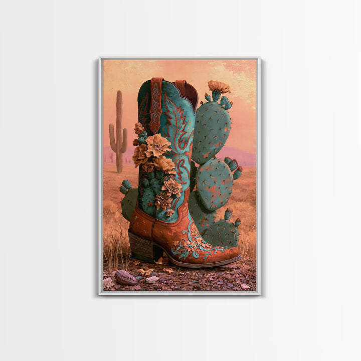 Western Boot with Cactus Blossoms Framed Canvas Print, Southwestern Art, Digital Wall Art, Southwestern Decor, Fine Art, Mesa, SOU-2x3-25